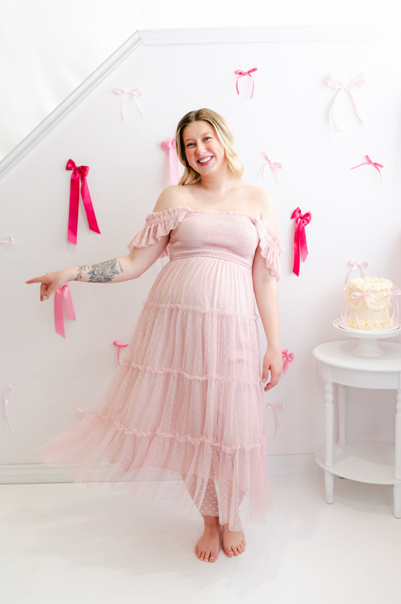 Garden Party Polka Dot Chiffon Tiered Midi Dress | Pink Garden Party Polka Dot Chiffon Tiered Midi Dress | Pink