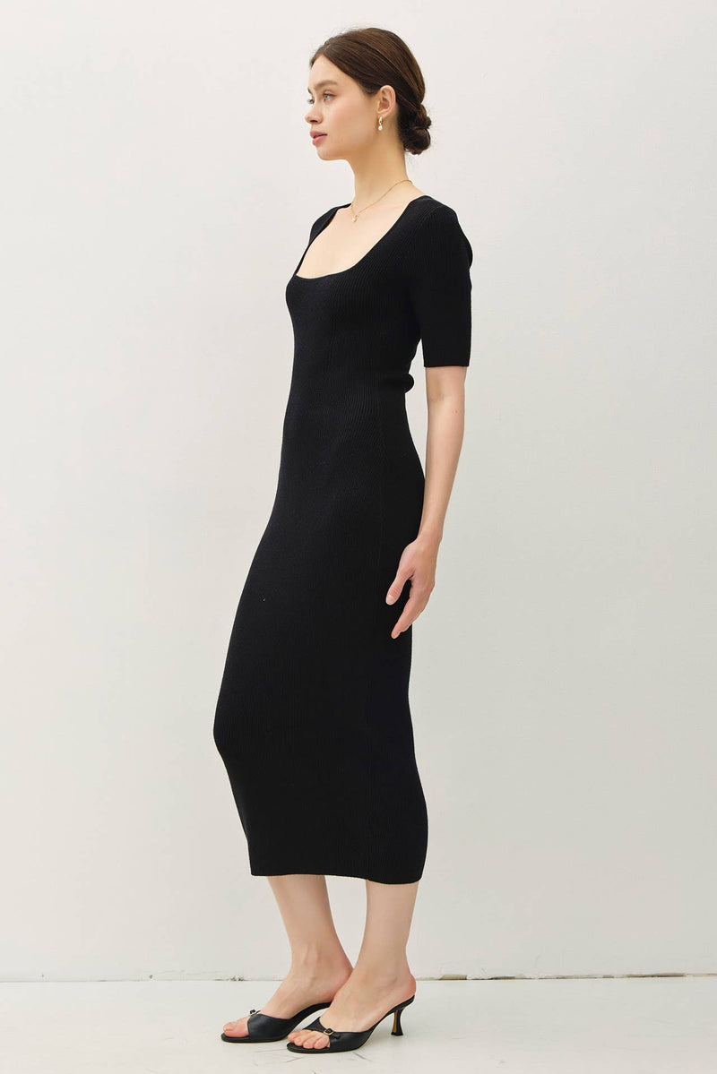 Square Neck Half Sleeve Body-con Sweater Dress | Black Square Neck Half Sleeve Body-con Sweater Dress | Black