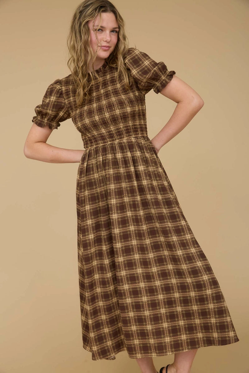 High Neck Plaid Midi Dress | Brown