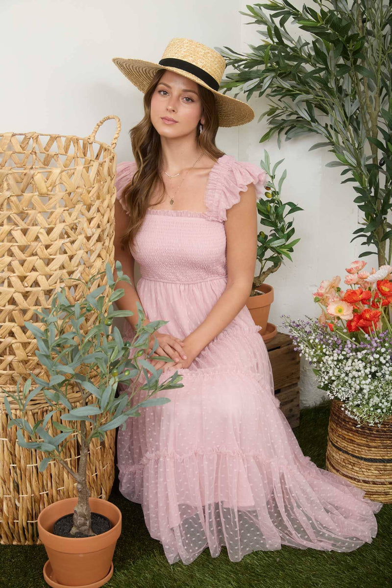 Garden Party Polka Dot Chiffon Tiered Midi Dress