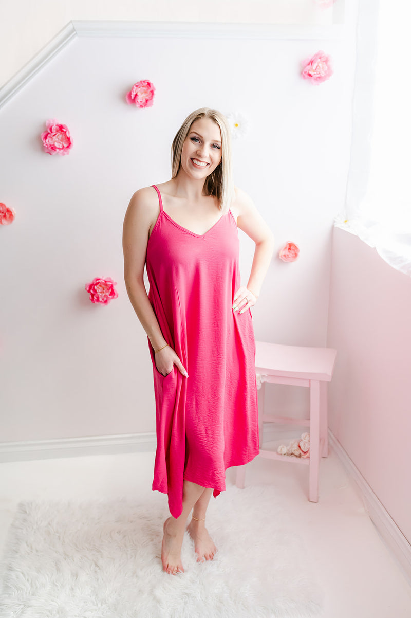 Solid Midi Dress | Hot Pink Solid Midi Dress | Hot Pink