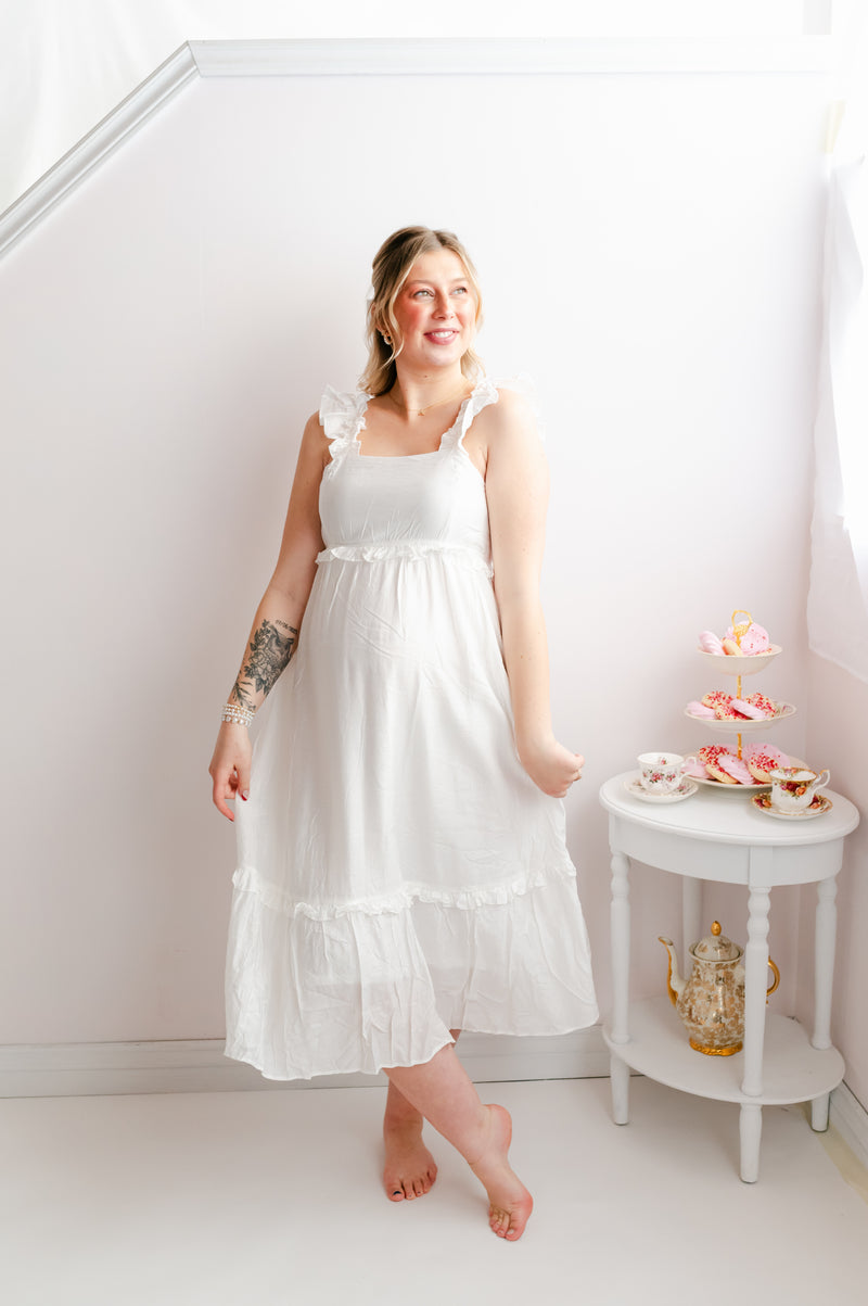 white empire waist midi dress White Chiffon Midi Dress with Empire Waist