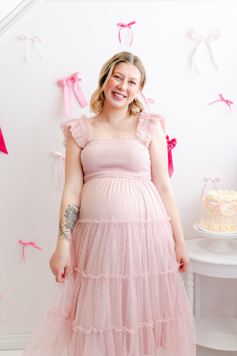 Garden Party Polka Dot Chiffon Tiered Midi Dress | Pink Garden Party Polka Dot Chiffon Tiered Midi Dress | Pink