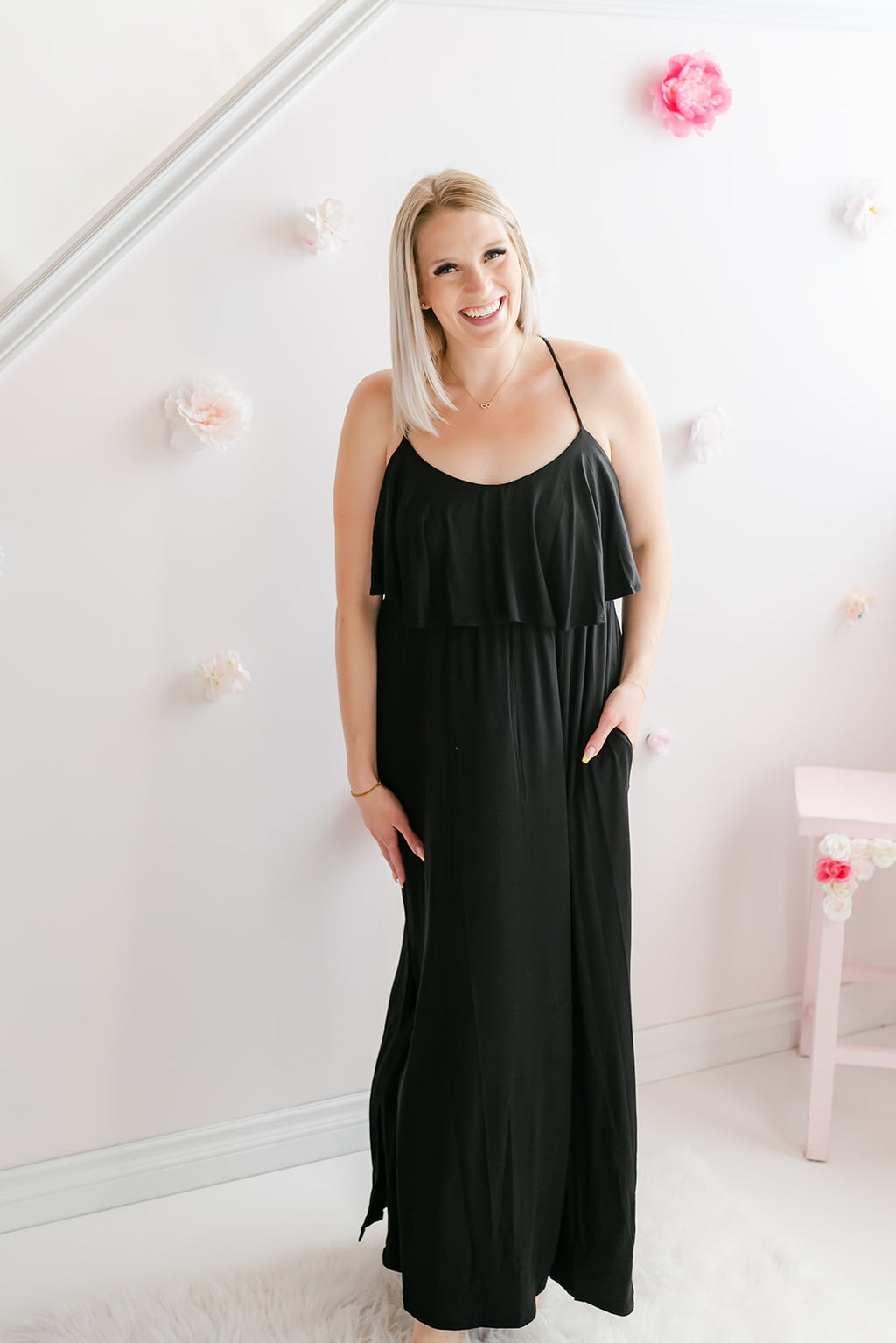 Curvy Maxi Dress With Ruffled Top | Black - MNR Beauty Boutique