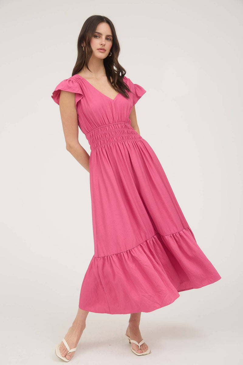 Josephina Shirred Waist Ruffle Sleeve Midi Dress | Dusty Fuchsia