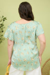 Curvy Floral Print V-Neck Scallop Satin Blouse | Dusty Mint