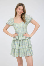 Strip Floral Puff Sleeve Tiered Mini Dress | Sage