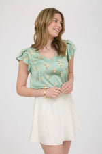 Floral Print V-Neck Scallop Satin Blouse | Dusty Mint