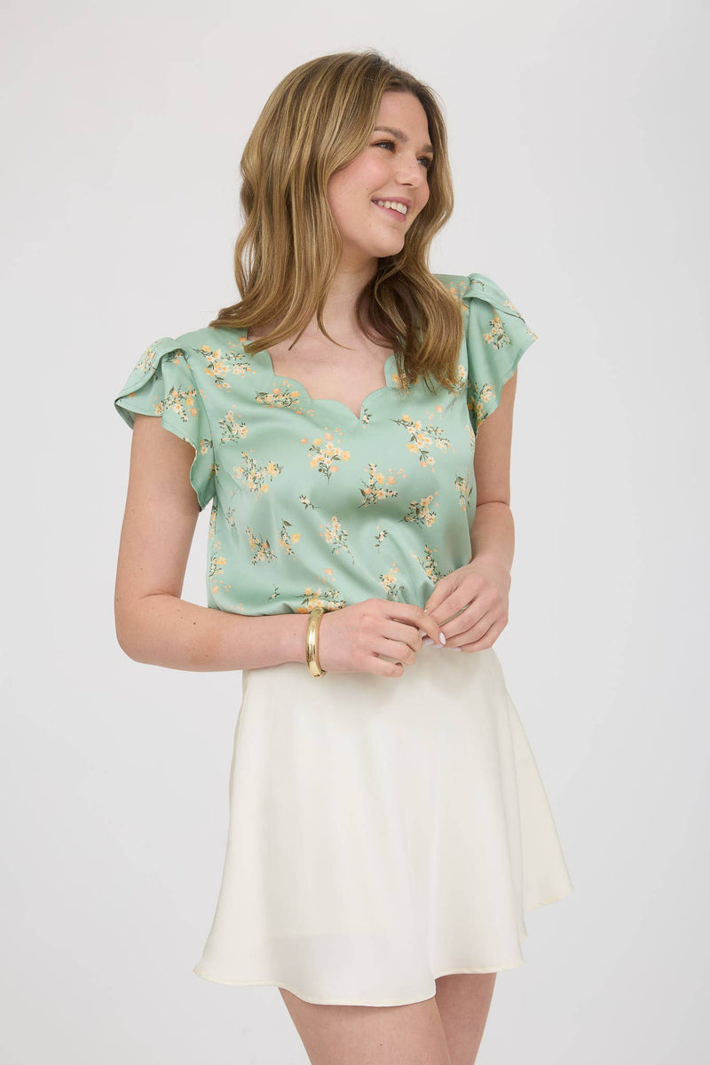 Floral Print V-Neck Scallop Satin Blouse | Dusty Mint