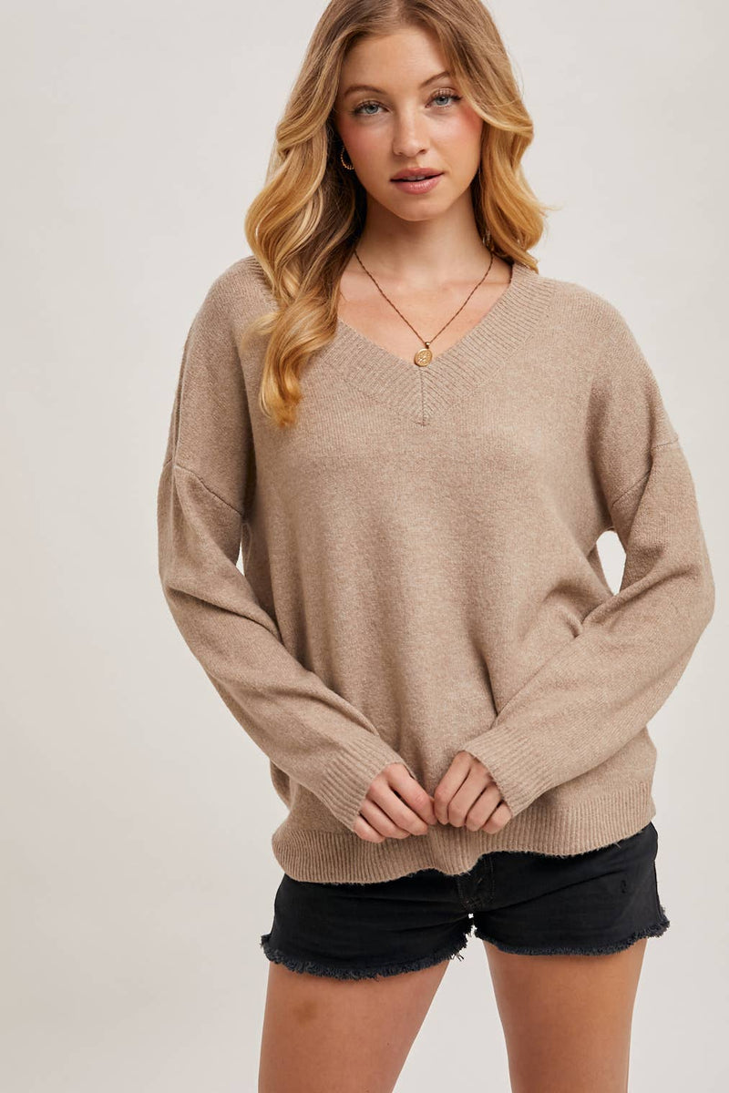 V-Neck Soft Knit Sweater Pullover | Latte