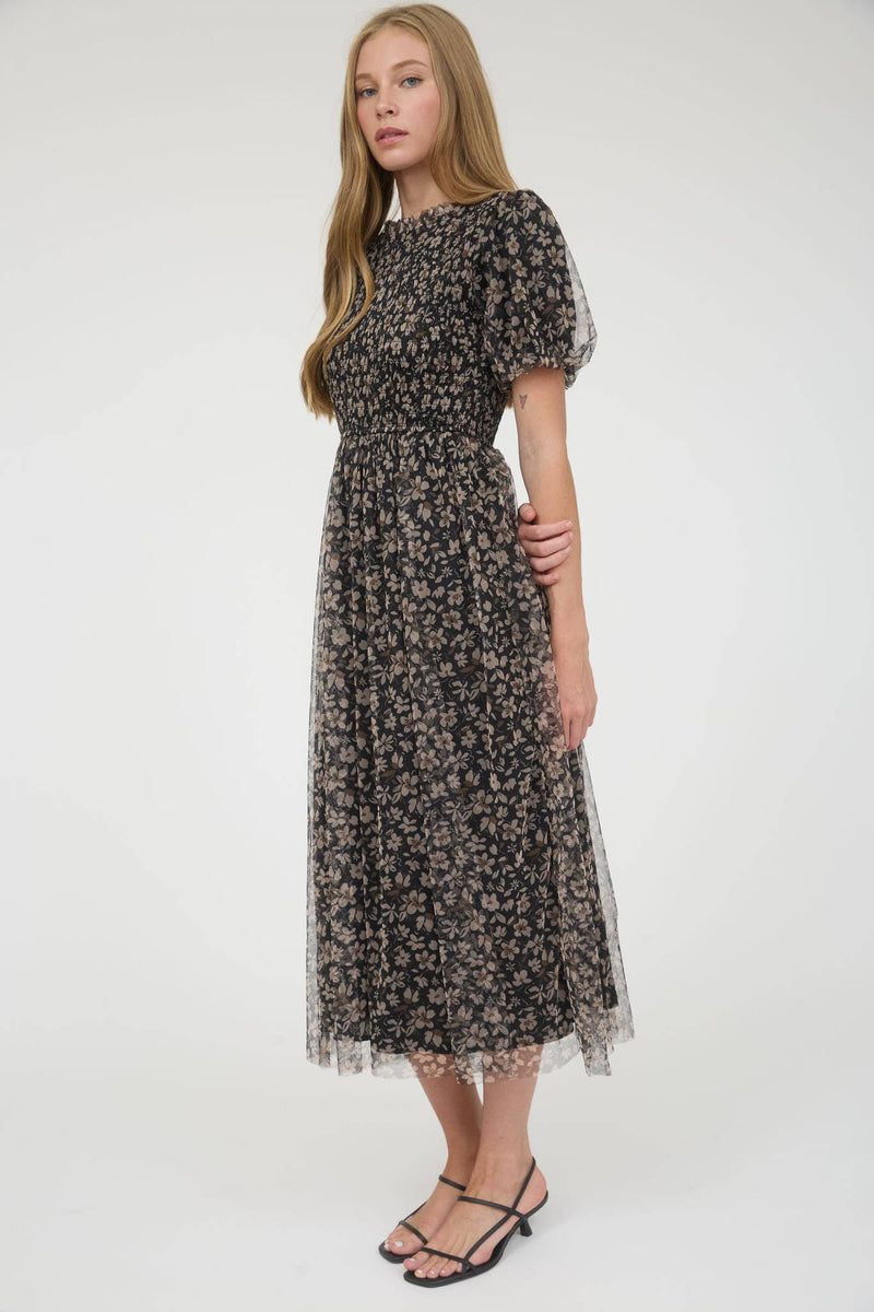 Floral Smocked Puff Sleeve Chiffon Midi Dress | Black