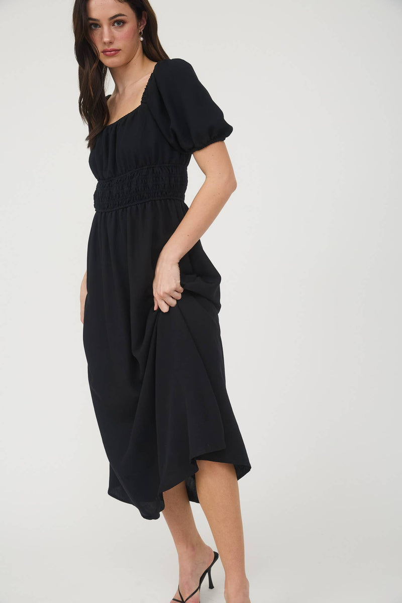 Solid Smocked Waist Balloon Sleeve Midi Dress | Black