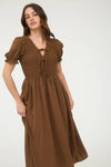 V-Neck Front Tie Smocked Puff Sleeve Midi Dress | Brown