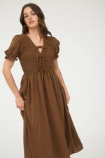 V-Neck Front Tie Smocked Puff Sleeve Midi Dress | Brown