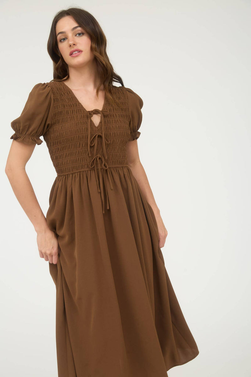 V-Neck Front Tie Smocked Puff Sleeve Midi Dress | Brown