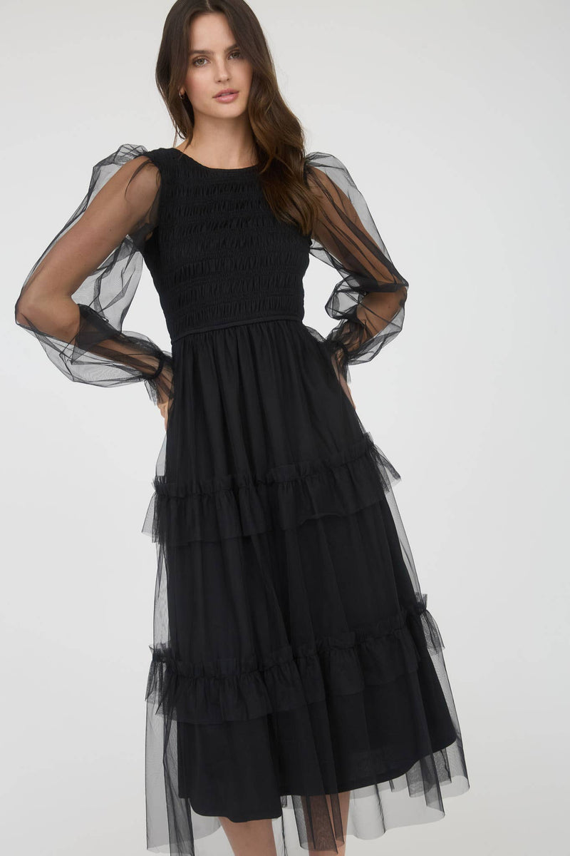Mesh Smocked Long Sleeve Tiered Midi Dress | Black