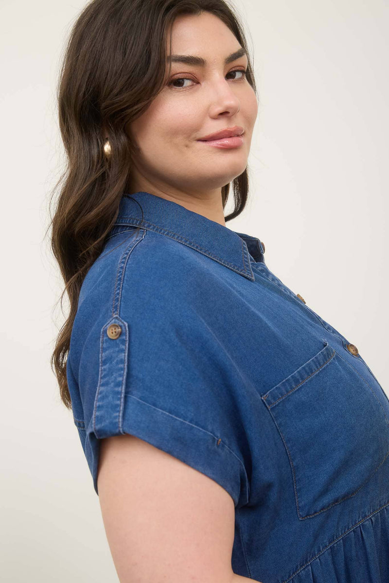Curvy Dark Chambray Collared Button Down Shirt Dress