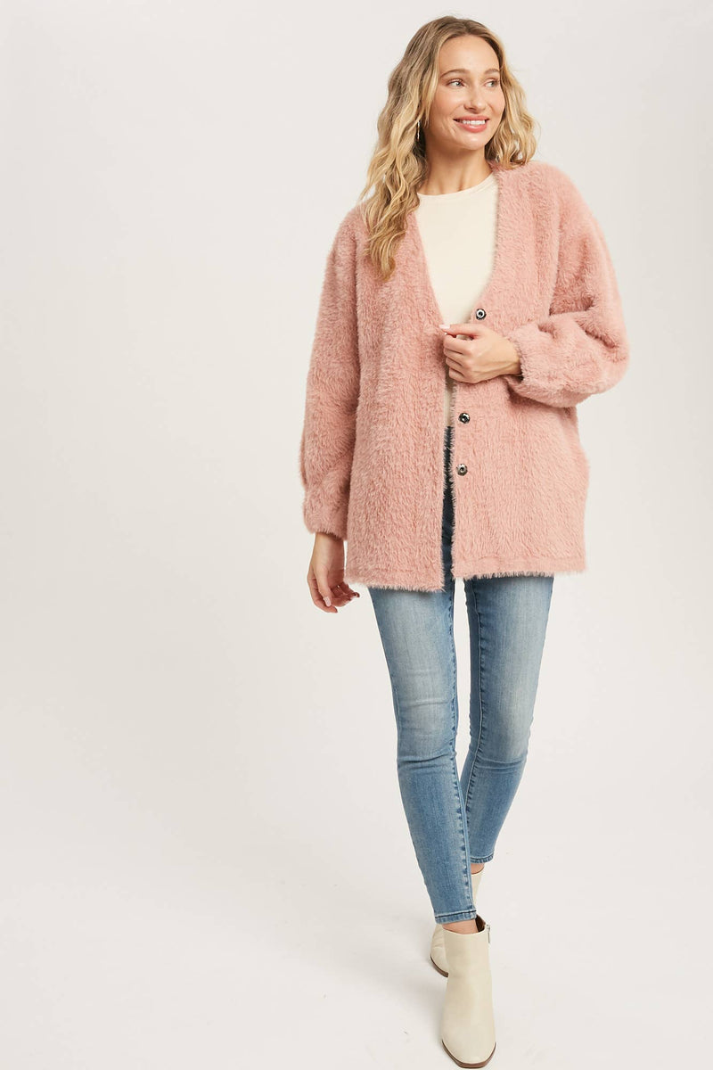 Fuzzy Knit Balloon Sleeve Jacket | Dusty Pink