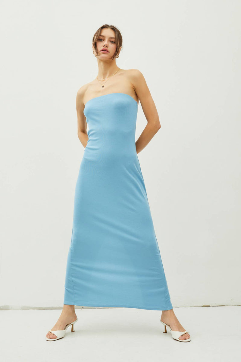 Solid Strapless Tube Maxi Dress With Back Slit | Aqua Blue Solid Strapless Tube Maxi Dress With Back Slit | Aqua Blue