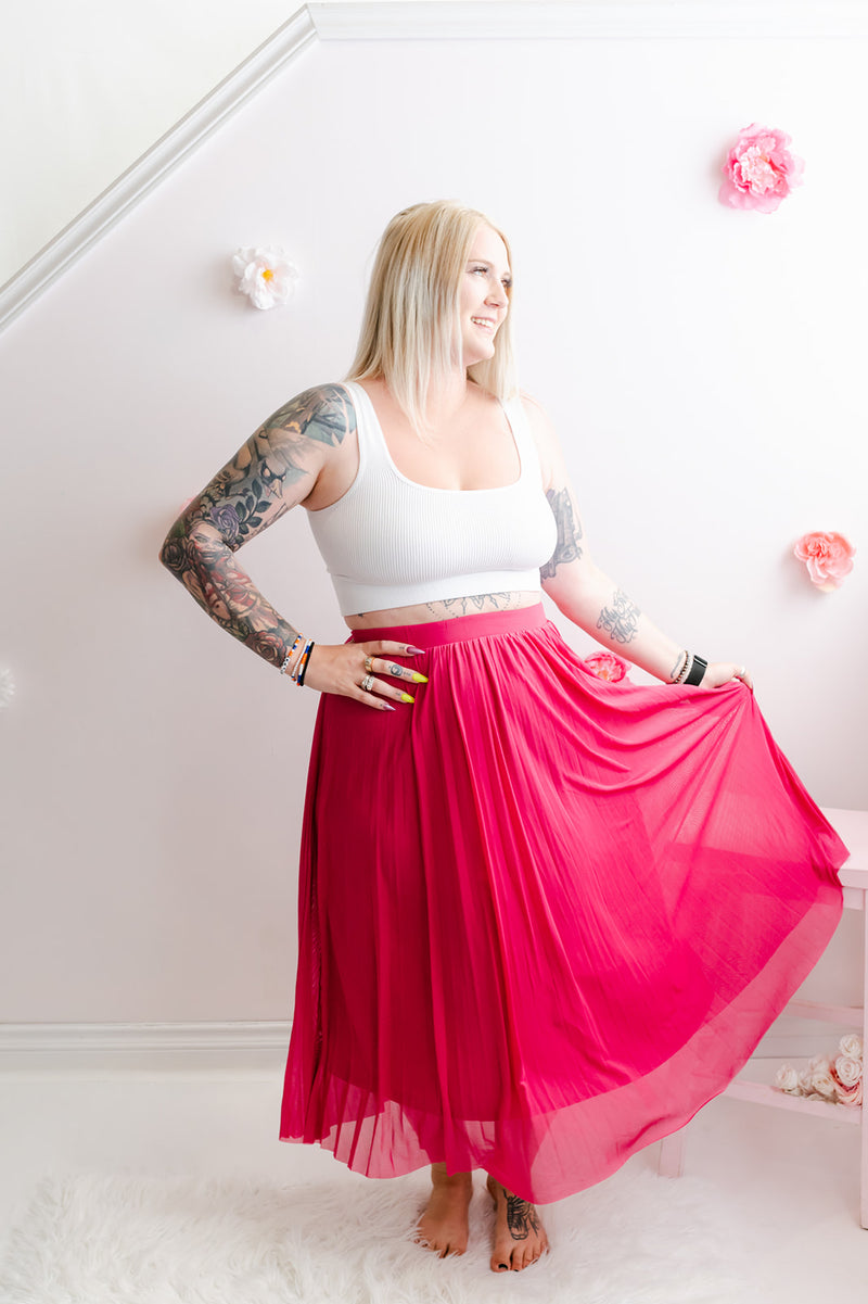 High-Waist Pleated Mesh Skirt | Fuschia