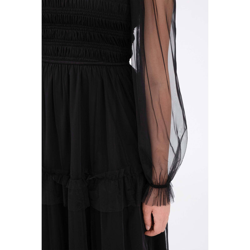Mesh Smocked Long Sleeve Tiered Midi Dress | Black