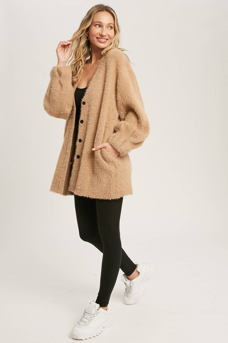 Fuzzy Knit Balloon Sleeve Jacket | Dusty Pink