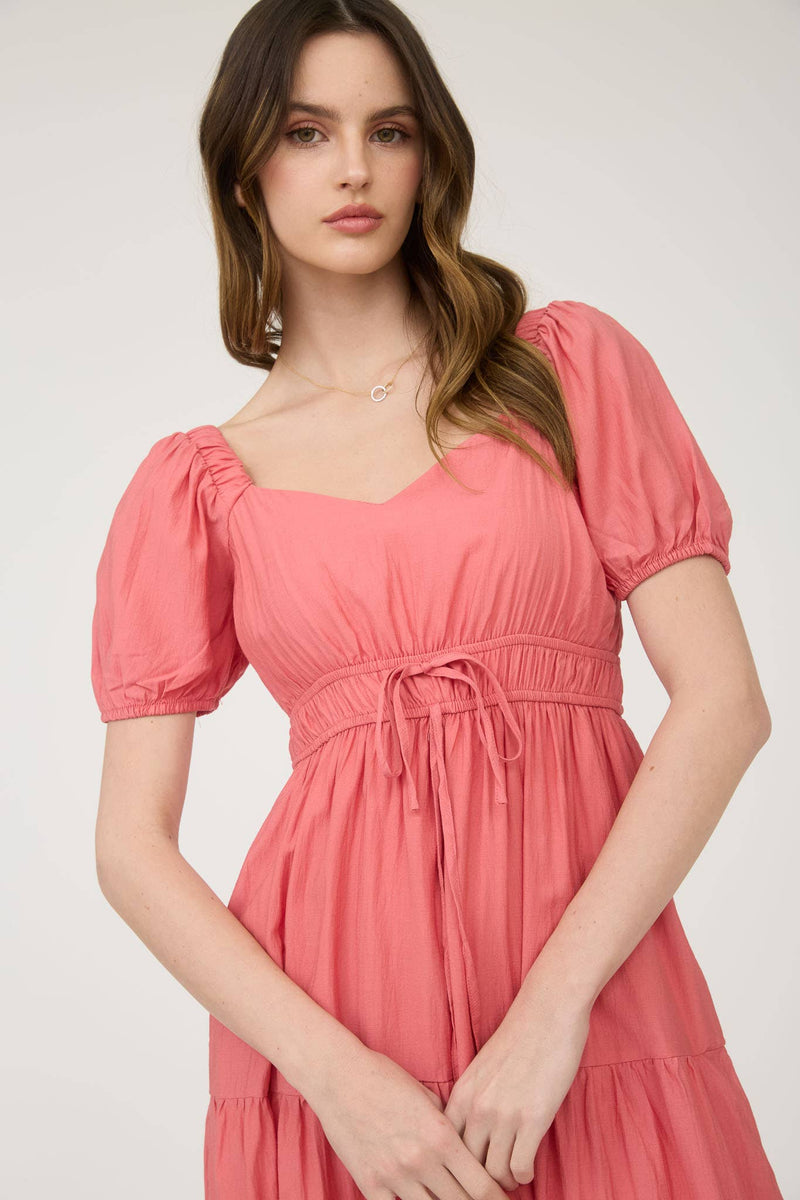 V-Neck Front Tie Puff Sleeve Tiered Midi Dress | Coral