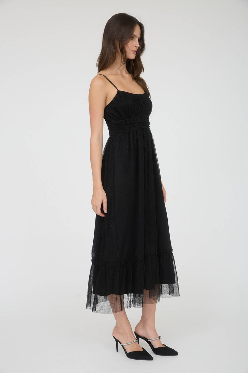 Polka Dot Tulle Spaghetti Strap Midi Dress | Black