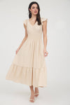 Josephina Shirred Waist Ruffle Sleeve Midi Dress | Khaki