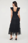 Garden Party Polka Dot Chiffon Tiered Midi Dress | Black