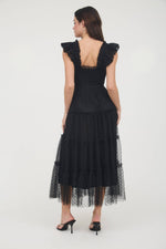 Garden Party Polka Dot Chiffon Tiered Midi Dress | Black