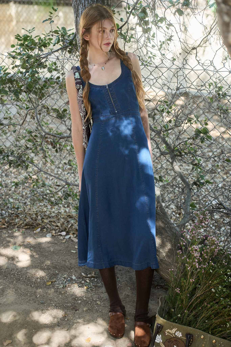 Front Zip Sleeveless Denim Midi Dress