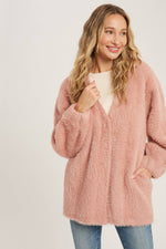 Fuzzy Knit Balloon Sleeve Jacket | Dusty Pink