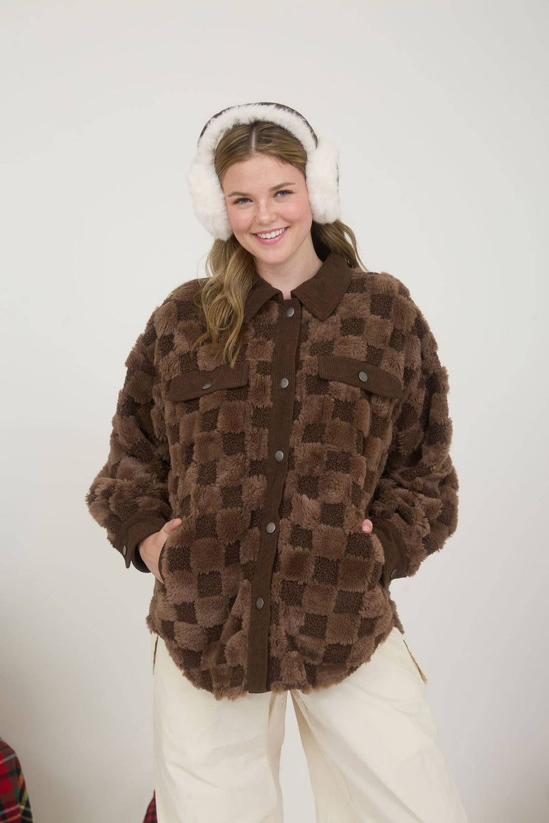 Checkered Faux Fur Button Shacket | Dark Brown