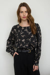 Bow Pattern Round Neck Long Sleeve Blouse | Black
