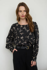 Bow Pattern Round Neck Long Sleeve Blouse | Black