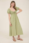 Smocked Front Tie Button Down Midi Dress | Khaki