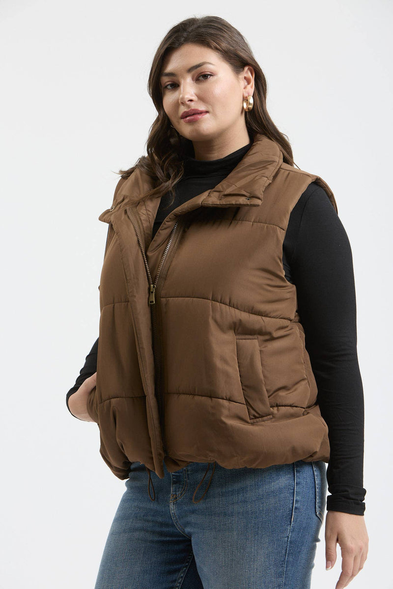Curvy Solid Zip Up Puffer Vest | Black
