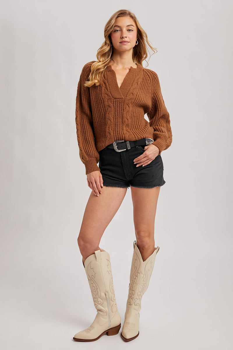 Split Neck Cable Sweater Pullover | Mocha
