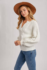 Split Neck Cable Sweater Pullover | Mocha
