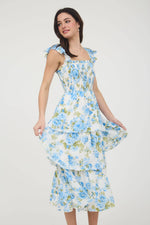 Floral Smocked Sleeveless Ruffle Tiered Dress | Blue