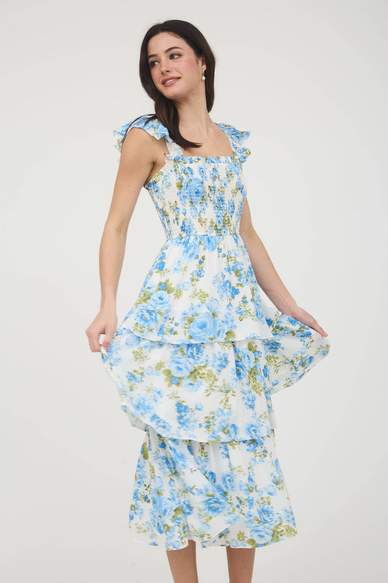 Floral Smocked Sleeveless Ruffle Tiered Dress | Blue