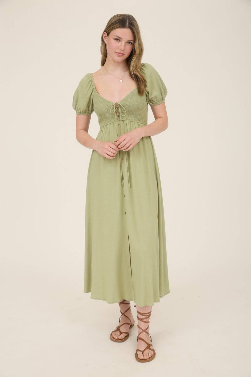 Smocked Front Tie Button Down Midi Dress | Khaki