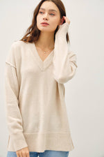 Oversized V-Neck Sweater With Raw Seam | Natural
