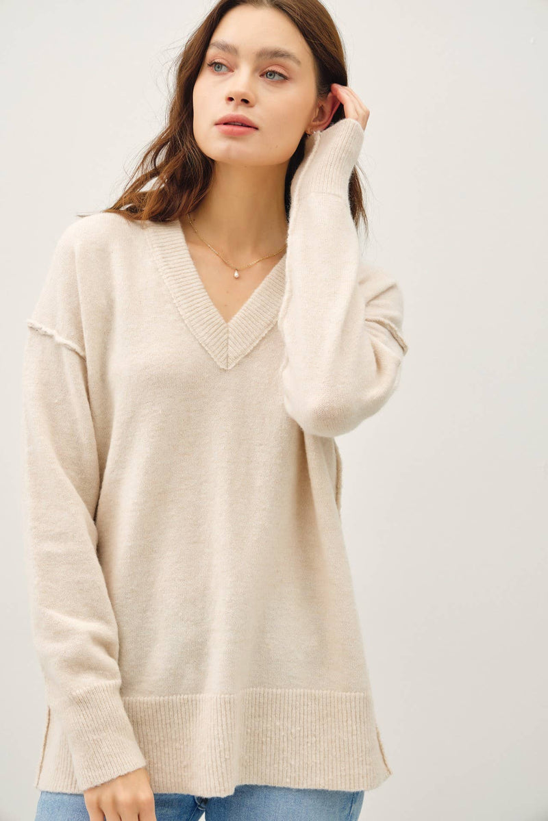 Oversized V-Neck Sweater With Raw Seam | Natural