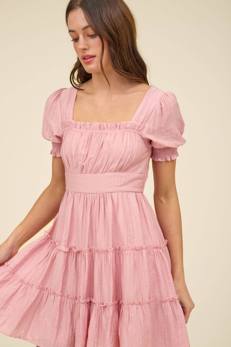 Square Neck Smocked Detail Tiered Mini Dress | Navy