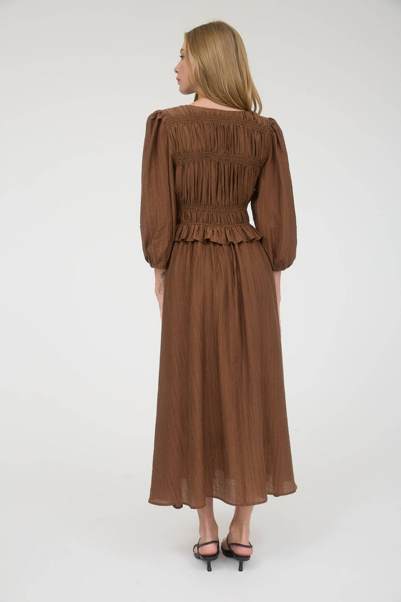 Velvet Bow Tie Long Sleeve Midi Dress | Brown