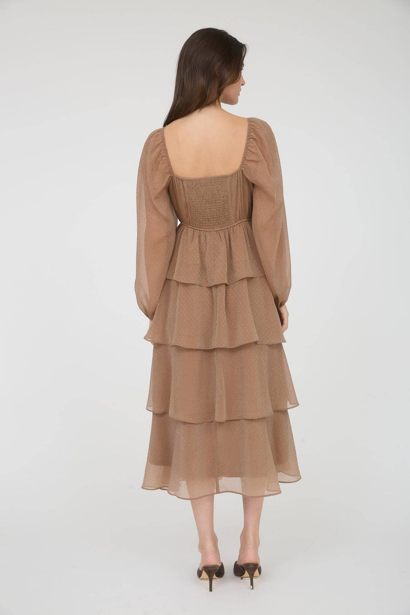 Long Sleeve Ruffle Tiered Midi Dress | Mocha