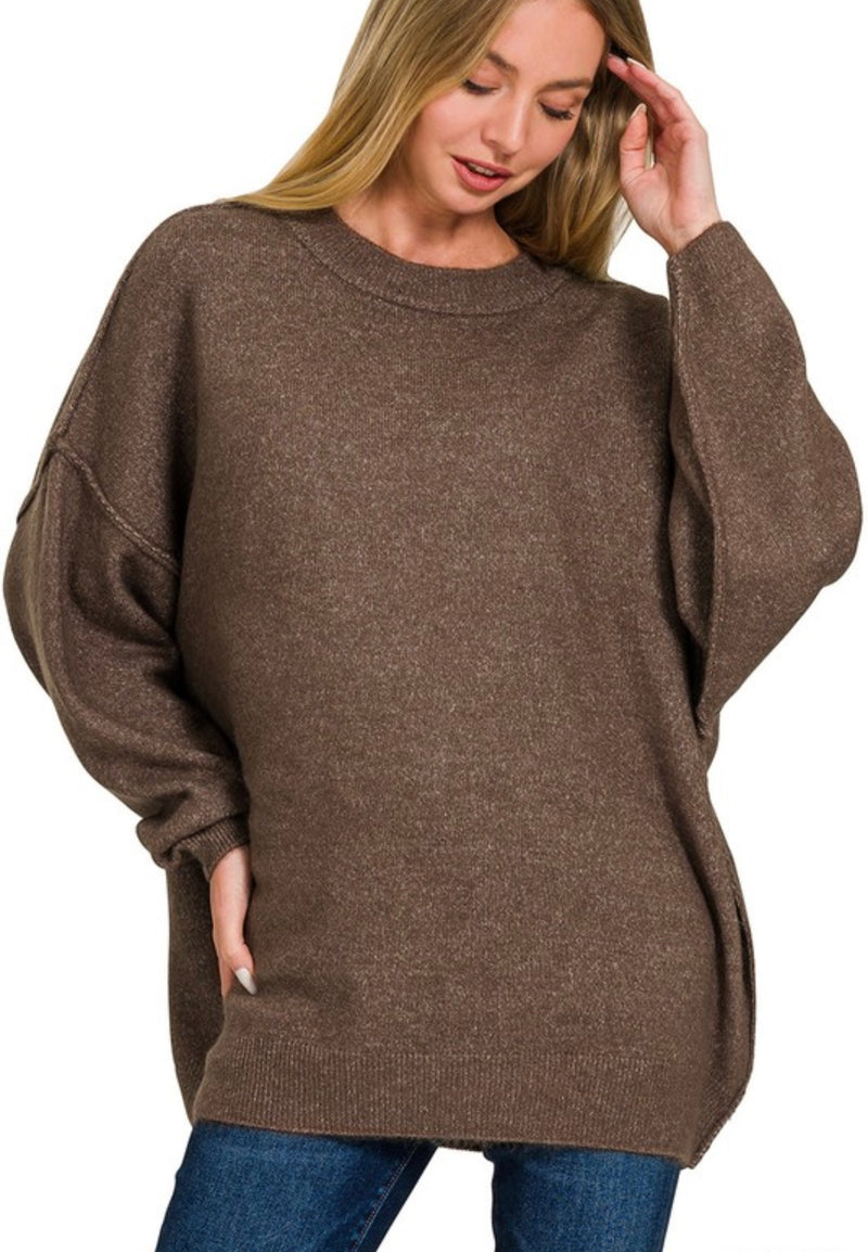 Oversized Round Neck Raw Hem Sweater | Dark Brown