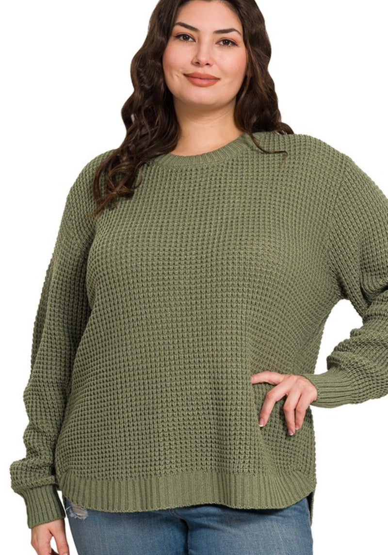 Curvy Chunky Waffle Sweater | Lt Olive